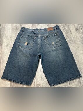 Vintage Y2K Phat Farm Baggy Shorts Mens 38 Blue Denim Jorts Embroidered Hip Hop